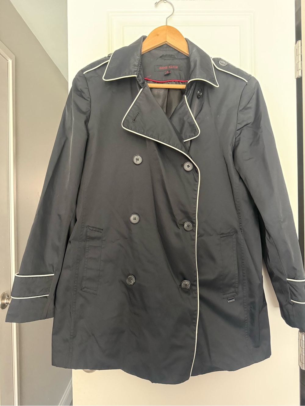 Anne Klein Black Trench Coat with White Piping Water Resistant Shoulder Pads